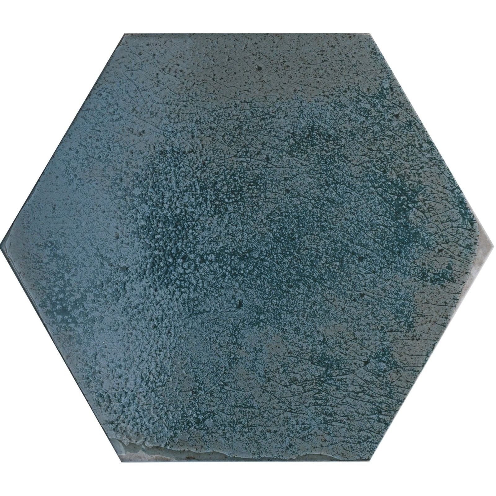 Oken hexagon green textured hexagonal tile with distressed blue-gray glaze and subtle crackle pattern