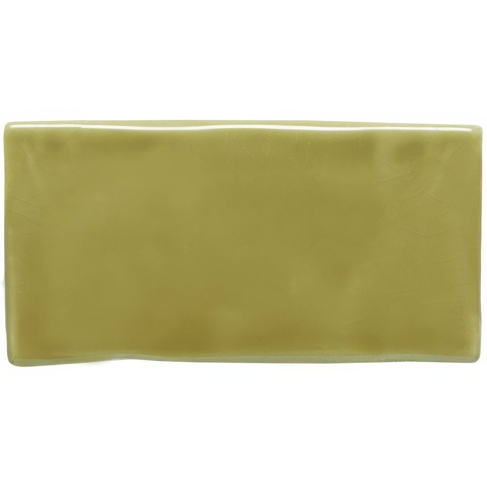 A rectangular glossy olive green ceramic olive half tile with slightly rounded edges