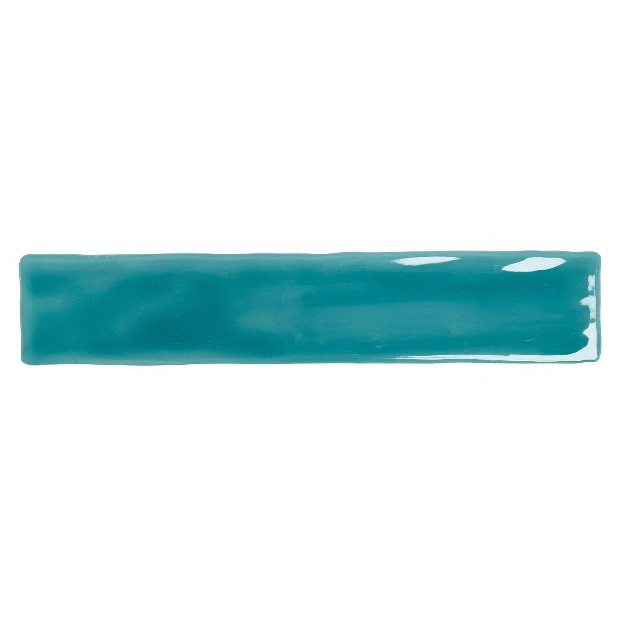 A glossy teal rectangular Onda Aquamarine wall tile with a smooth slightly uneven surface and subtle hue variations