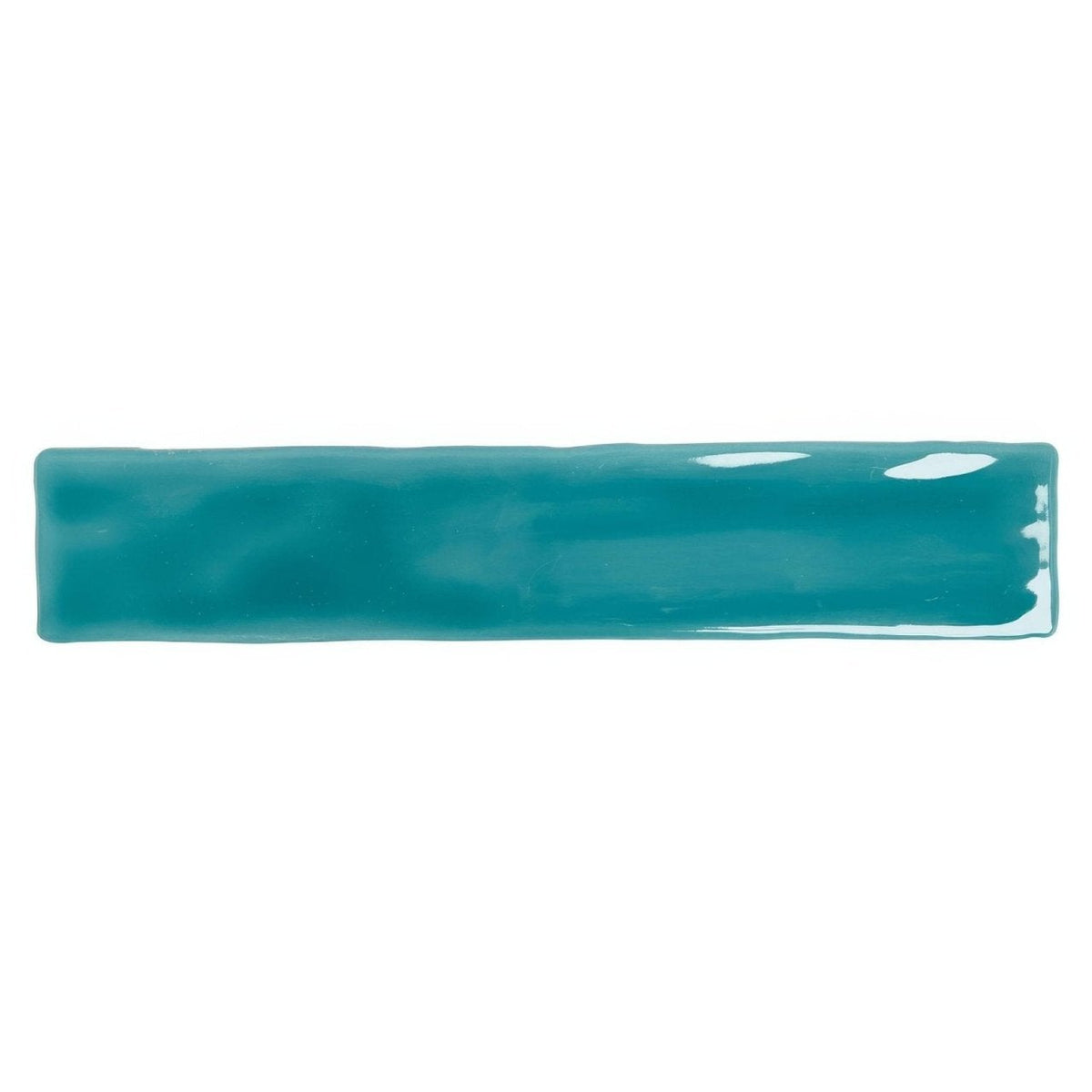 A glossy teal rectangular Onda Aquamarine wall tile with a smooth slightly uneven surface and subtle hue variations
