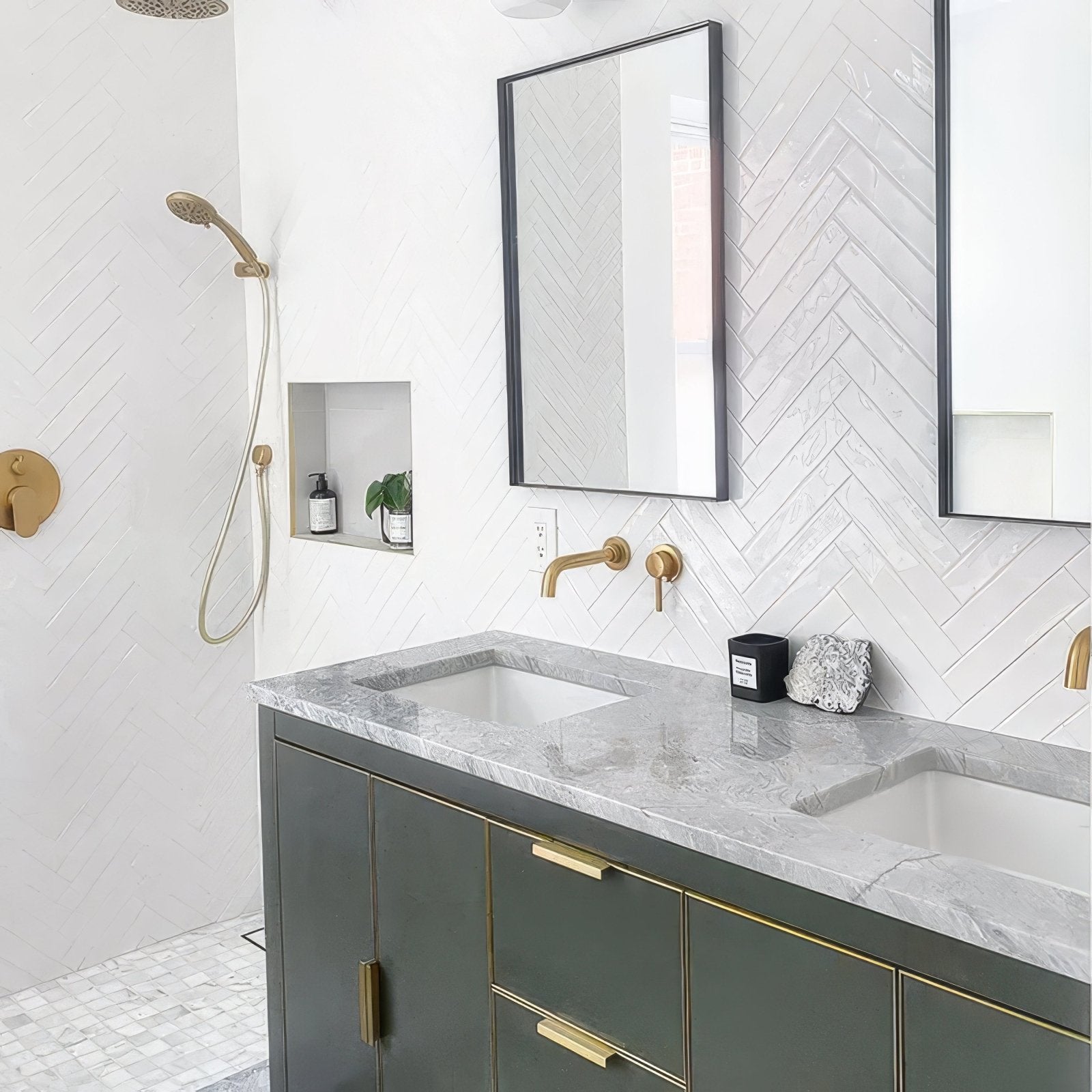 Onda Artic Wall Tiles white subway tiles with a dark green vanity and two sinks