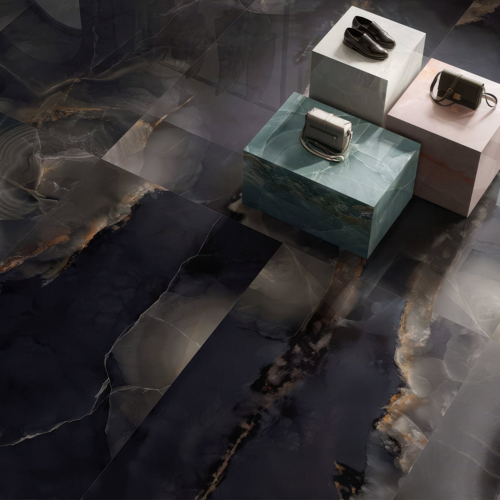 Onyx Black in Polished and Matt Tiles dark grey marble-effect tiles with a silver handbag on a pedestal