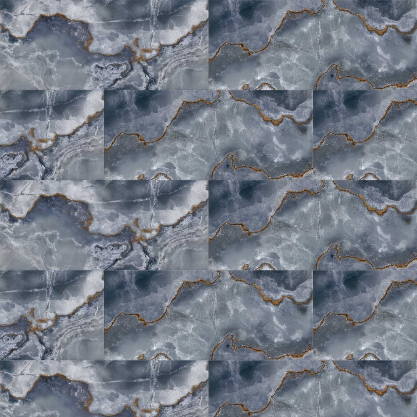 Gray marble onyx blue tiles with polished and matt finishes featuring swirling white and gold veining