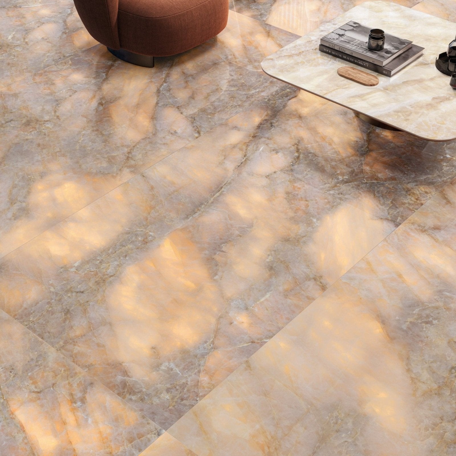 Luxury onyx copper polished marble-effect floor tiles with warm beige and gray veined pattern for elegant interiors