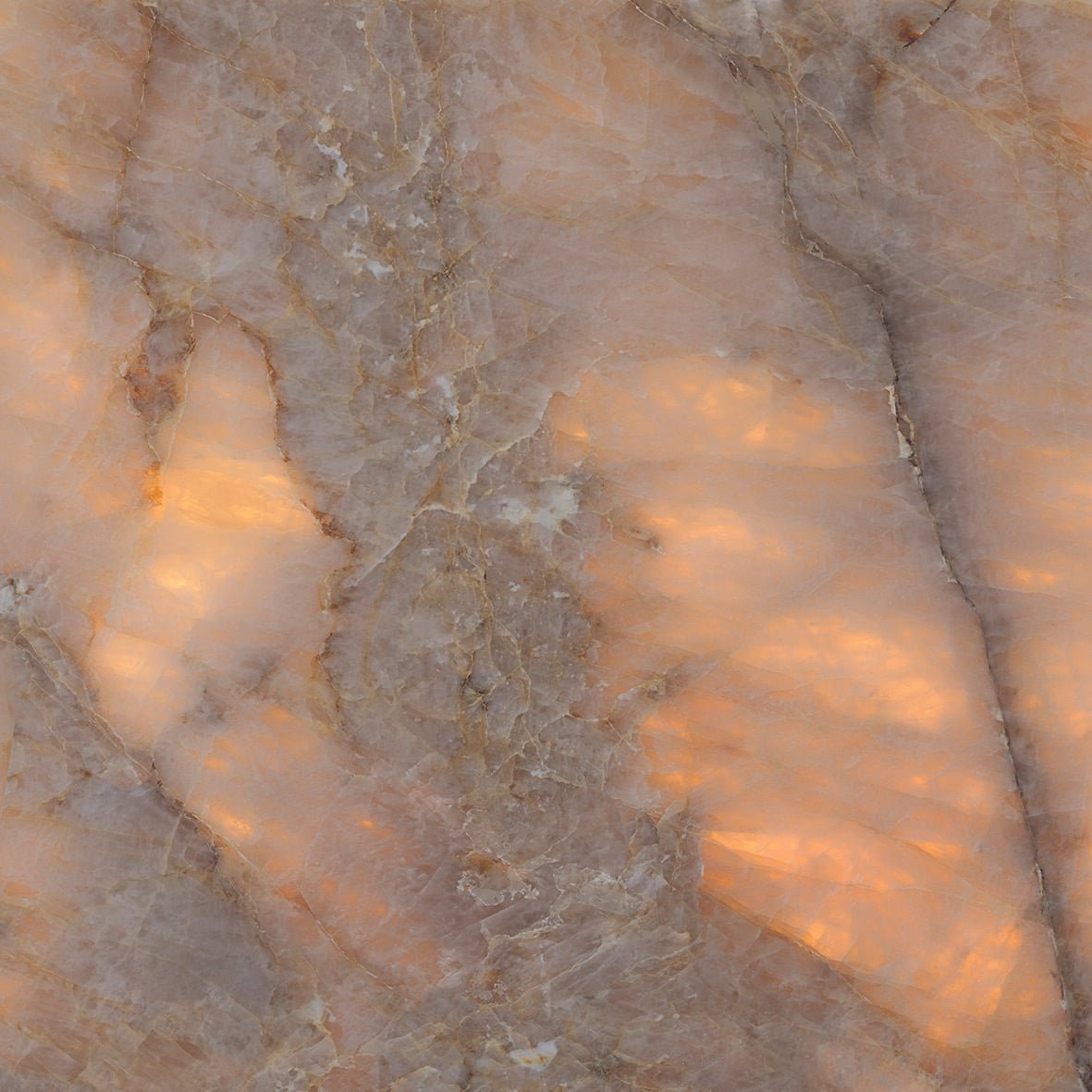 A warm-toned onyx copper polished stone slab with translucent peach and beige swirling patterns