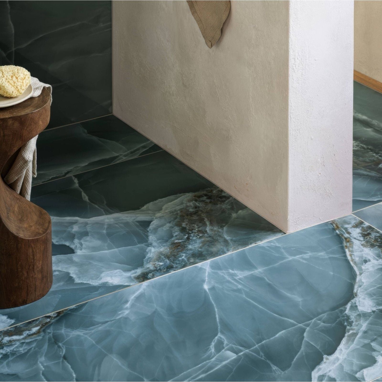 Deep teal onyx green matt marble effect floor tiles with swirling white veining 60 x 120 cm