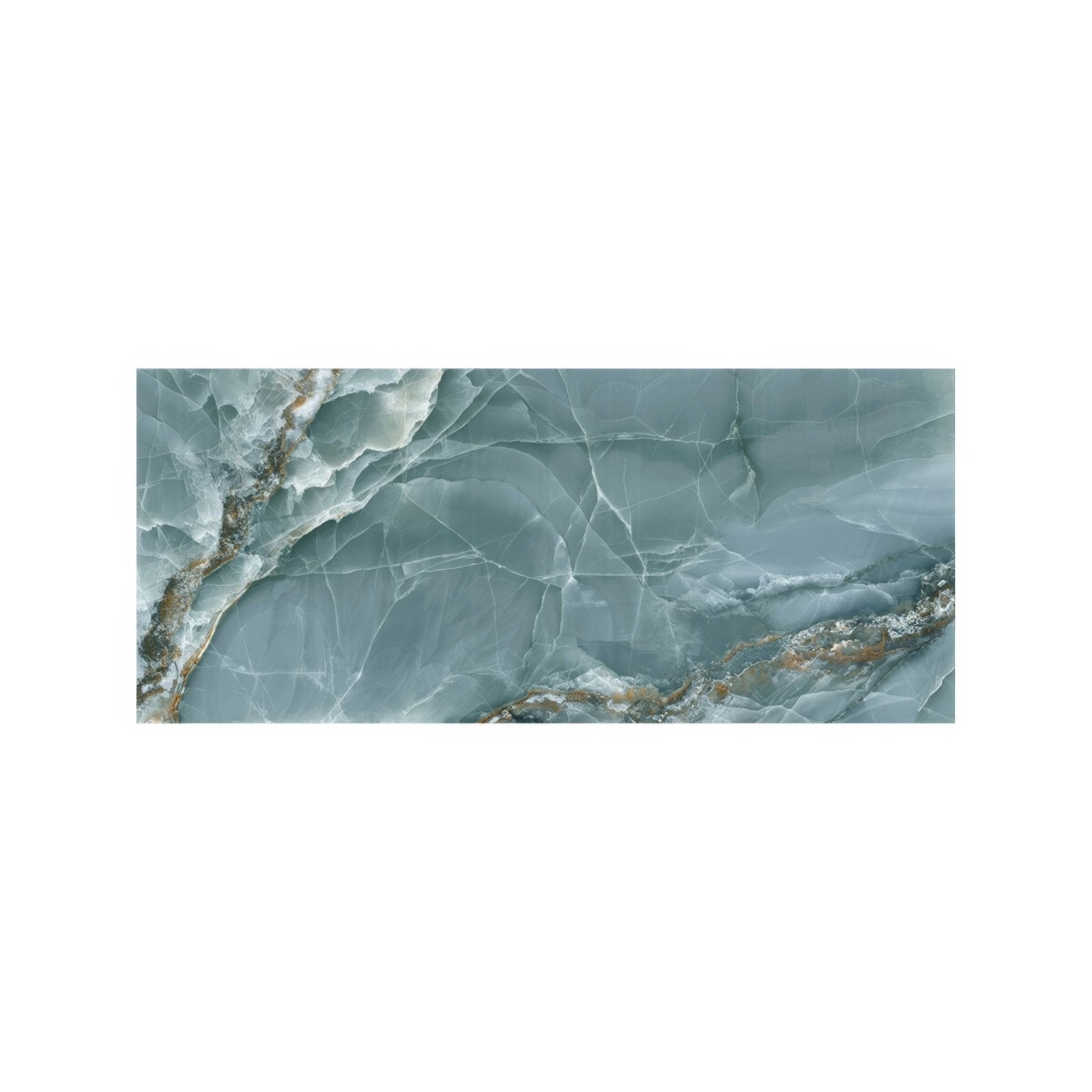 A sleek rectangular onyx green matt marble effect tile with teal base and white golden brown veins 60 x 120 cm