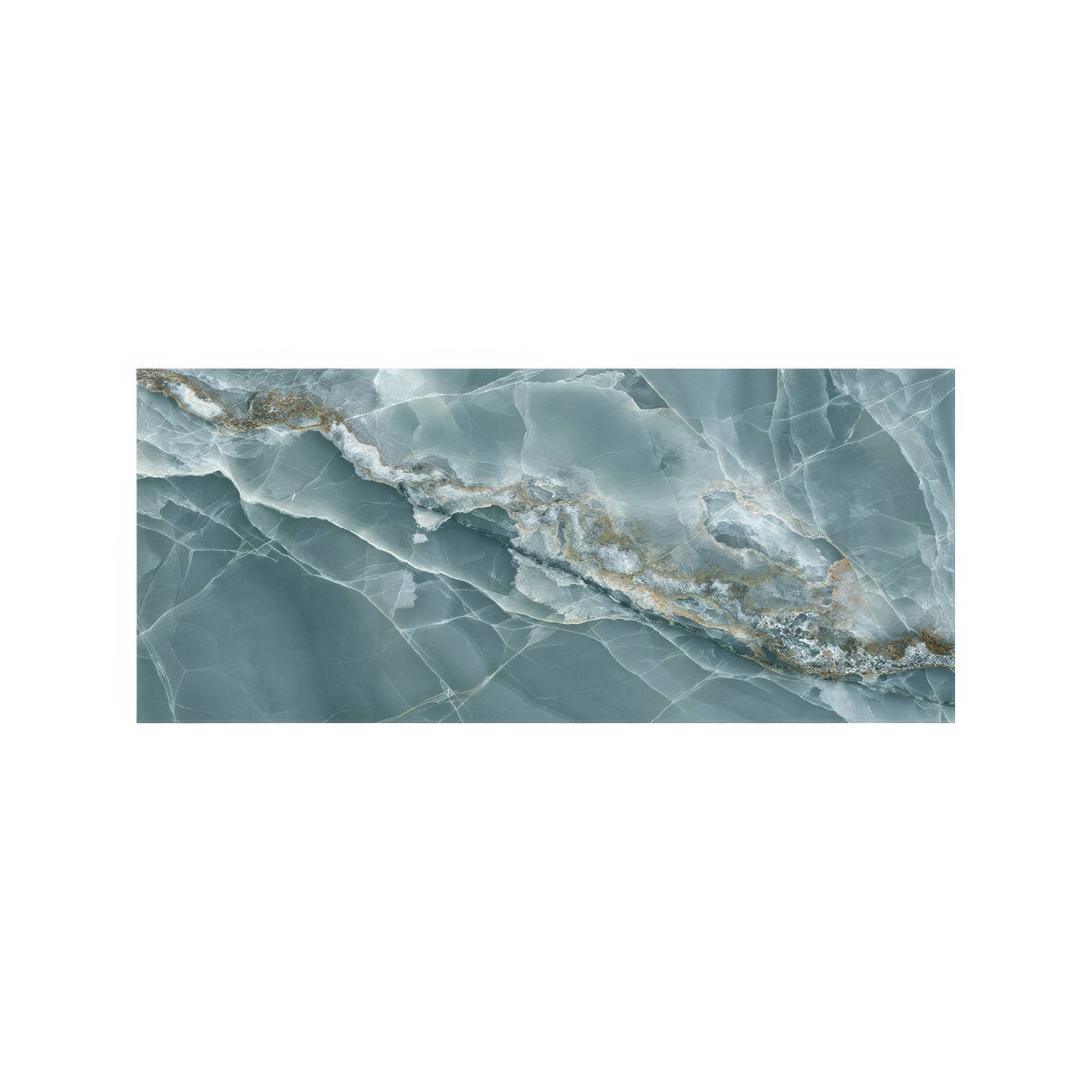 Onyx green matt marble effect tile 60 x 120 with a sleek polished blue onyx slab featuring white and gold veining