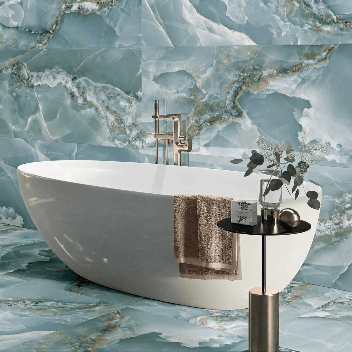 Onyx Green Matt Marble Effect Tile 60 x 120 teal marble-effect tiles with a freestanding bathtub