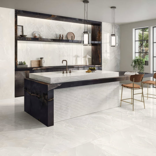 Onyx Ivory in Polished and Matt Tiles white marble-effect tiles with a kitchen island