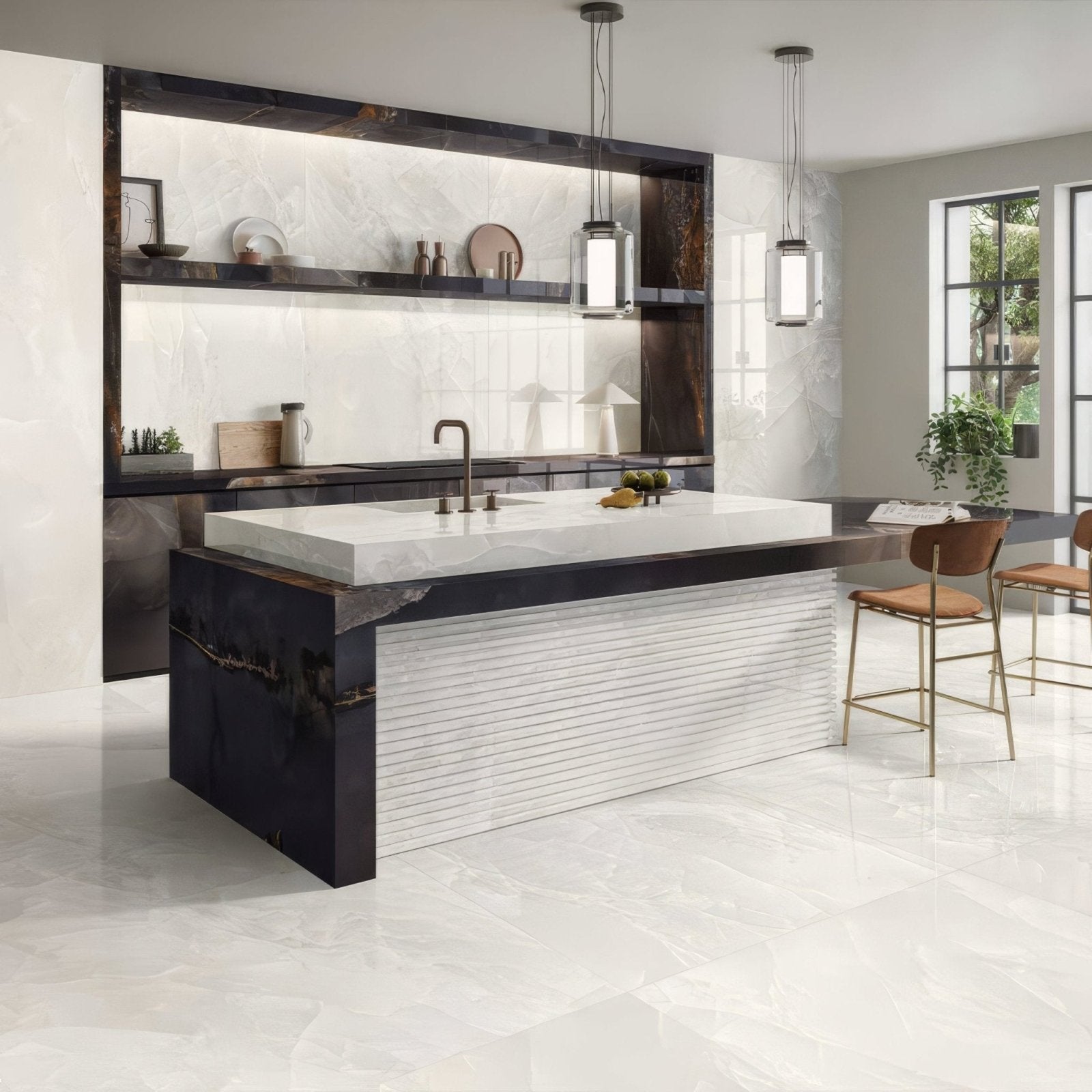 Onyx Ivory in Polished and Matt Tiles white marble-effect tiles with a kitchen island