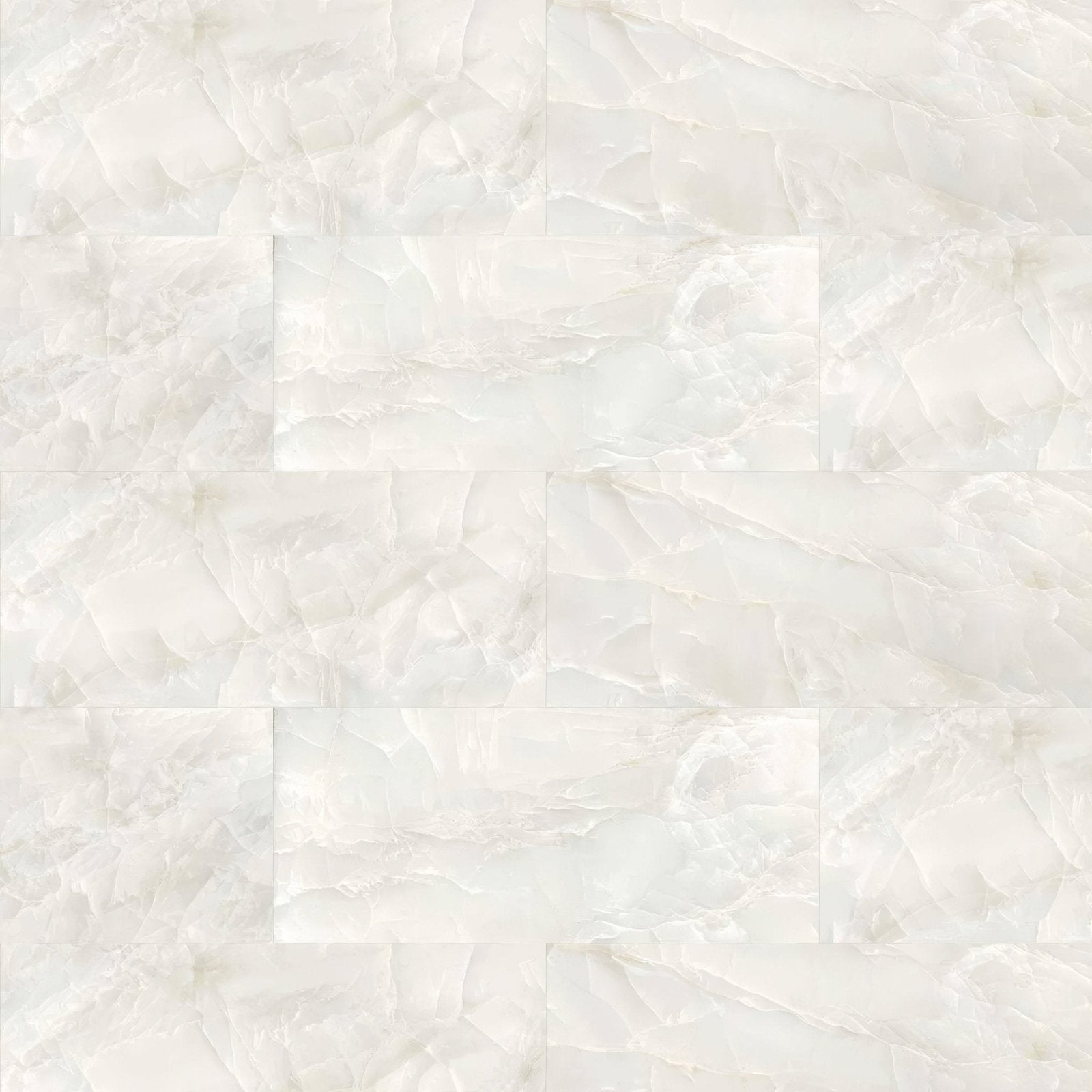 Onyx ivory white marble-effect rectangular tiles with subtle veining and a glossy polished finish