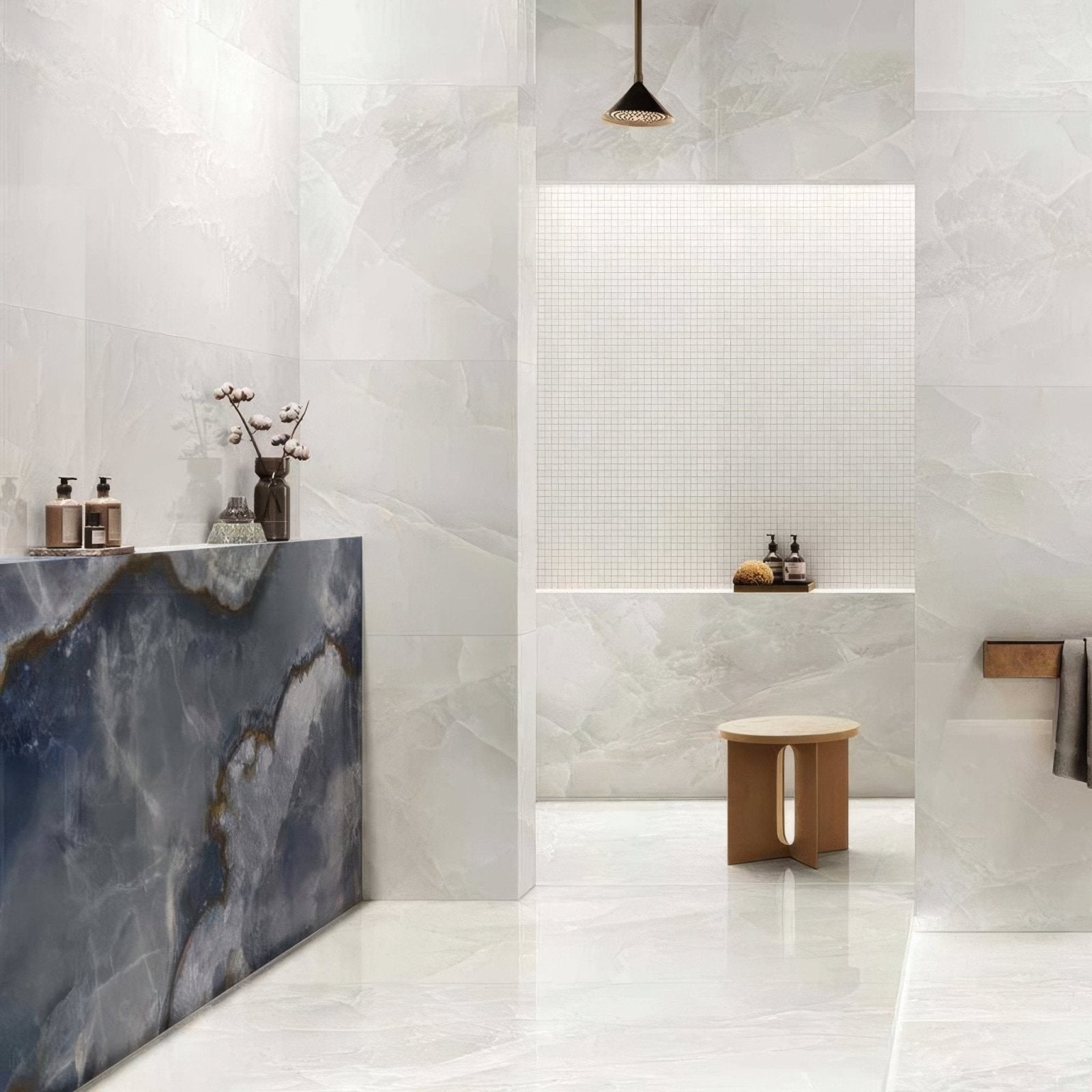 Onyx Ivory in Polished and Matt Tiles in a bathroom setting