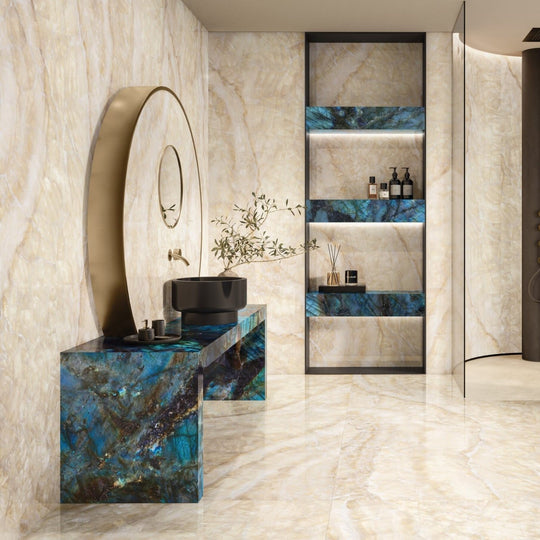 Onyx Lumi Ivory Polished Marble Effect Tile 60 x 120 cream marble-effect tile