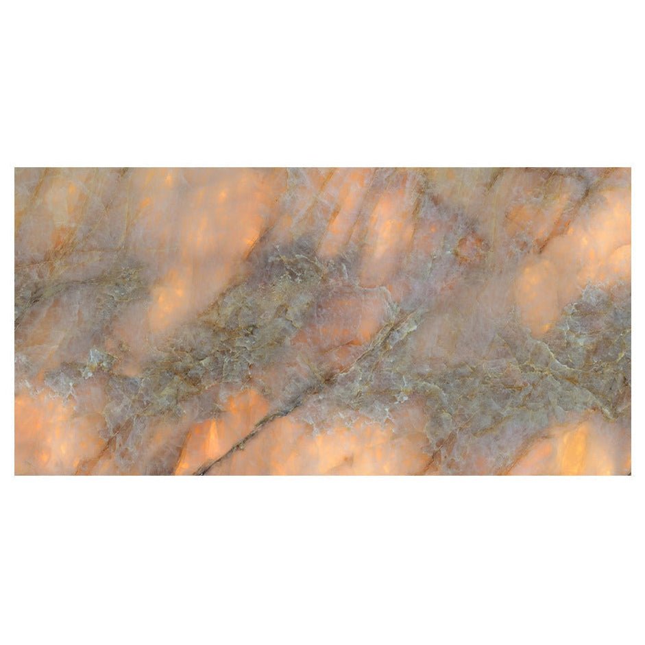 Onyx Lumi Amber matt marble effect tile 60 x 120cm with peach and grey veining