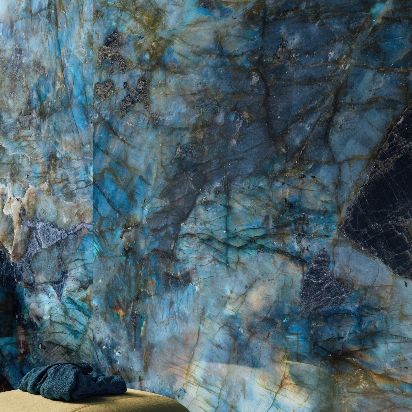 Onyx Sapphire Polished luxurious blue and gold labradorite stone slab with natural swirling pattern and polished finish
