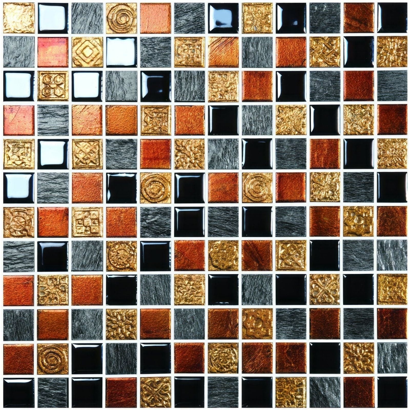 A mosaic tile panel featuring a grid of glossy black, brushed copper, textured gold, and dark gray tiles named opulence gold rush mosaic