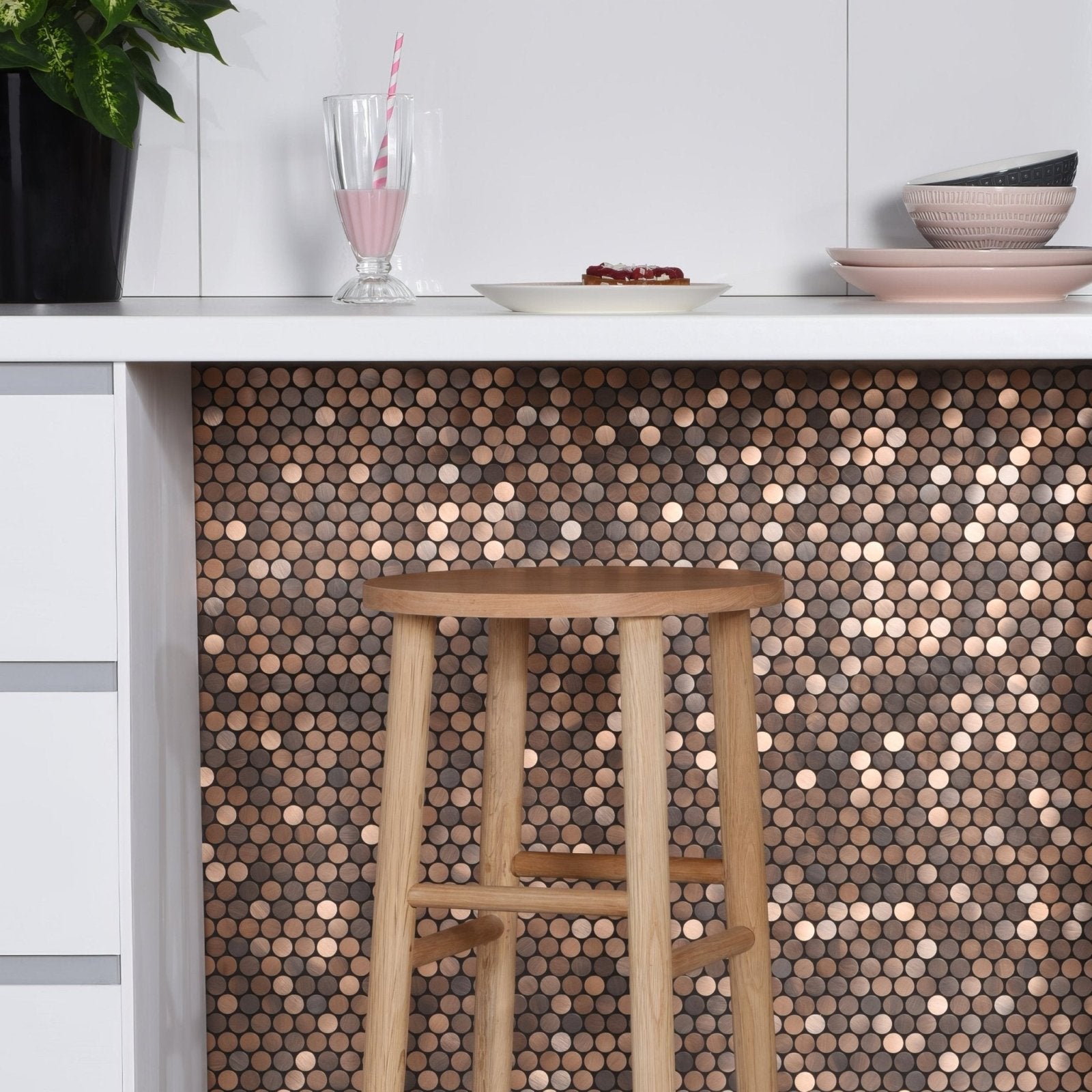 Orabella brushed metal mosaic copper penny tile backsplash featuring warm metallic tones for kitchen walls