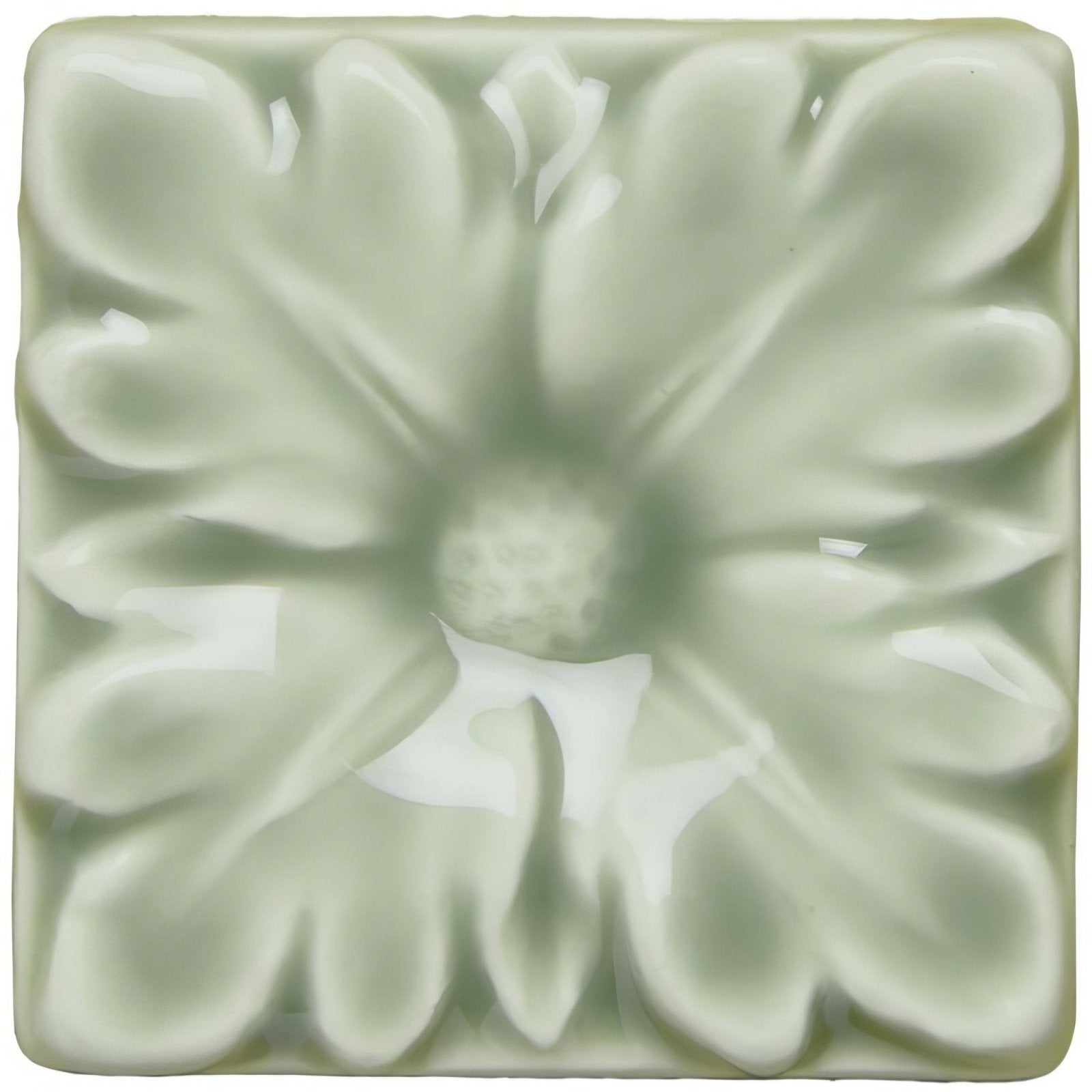 Orford Knightsbridge square ceramic tile with matte finish and raised floral design in soft sage green