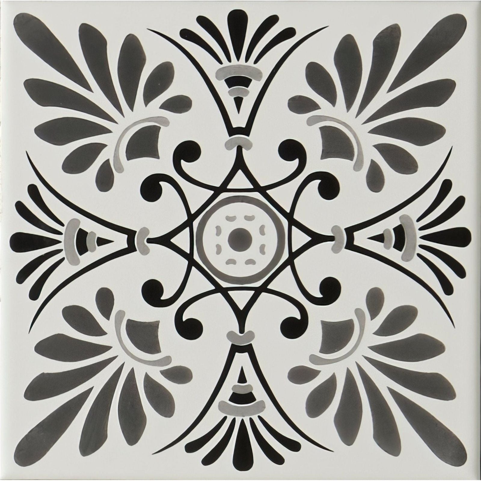 A square ceramic tile ornée with a symmetrical black and gray floral design on brilliant white called Orléans Grey