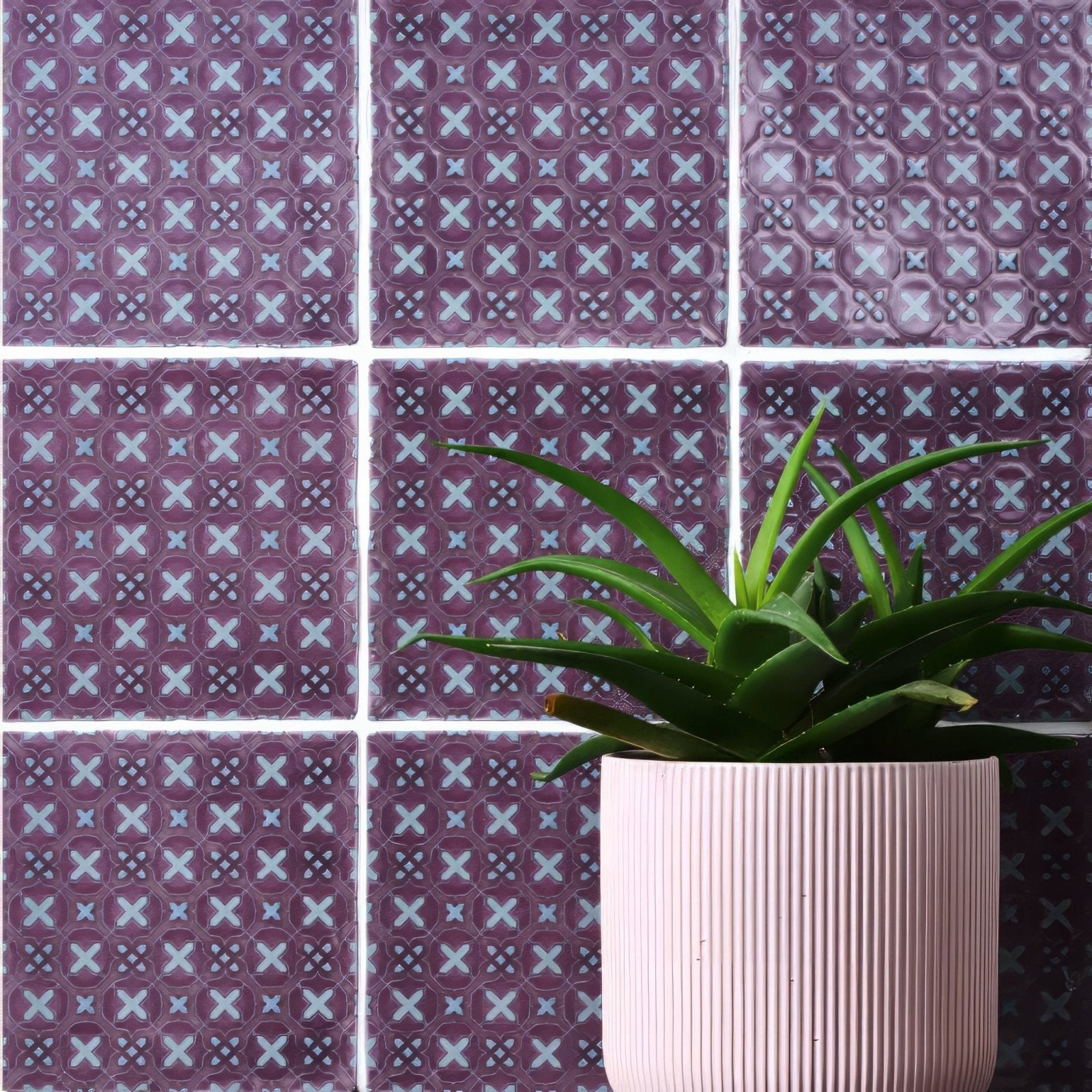 A pink ribbed ceramic planter holding a green succulent plant from ormeaux on glen collection
