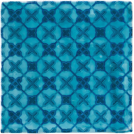 Ormeaux on Lagoon turquoise blue mosaic tile with repeating geometric pattern of interlocking x-shapes and diamond outlines