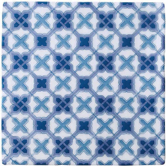 Blue and white ceramic tile ormeaux on papyrus featuring a repeating geometric pattern of interlocking x-shapes