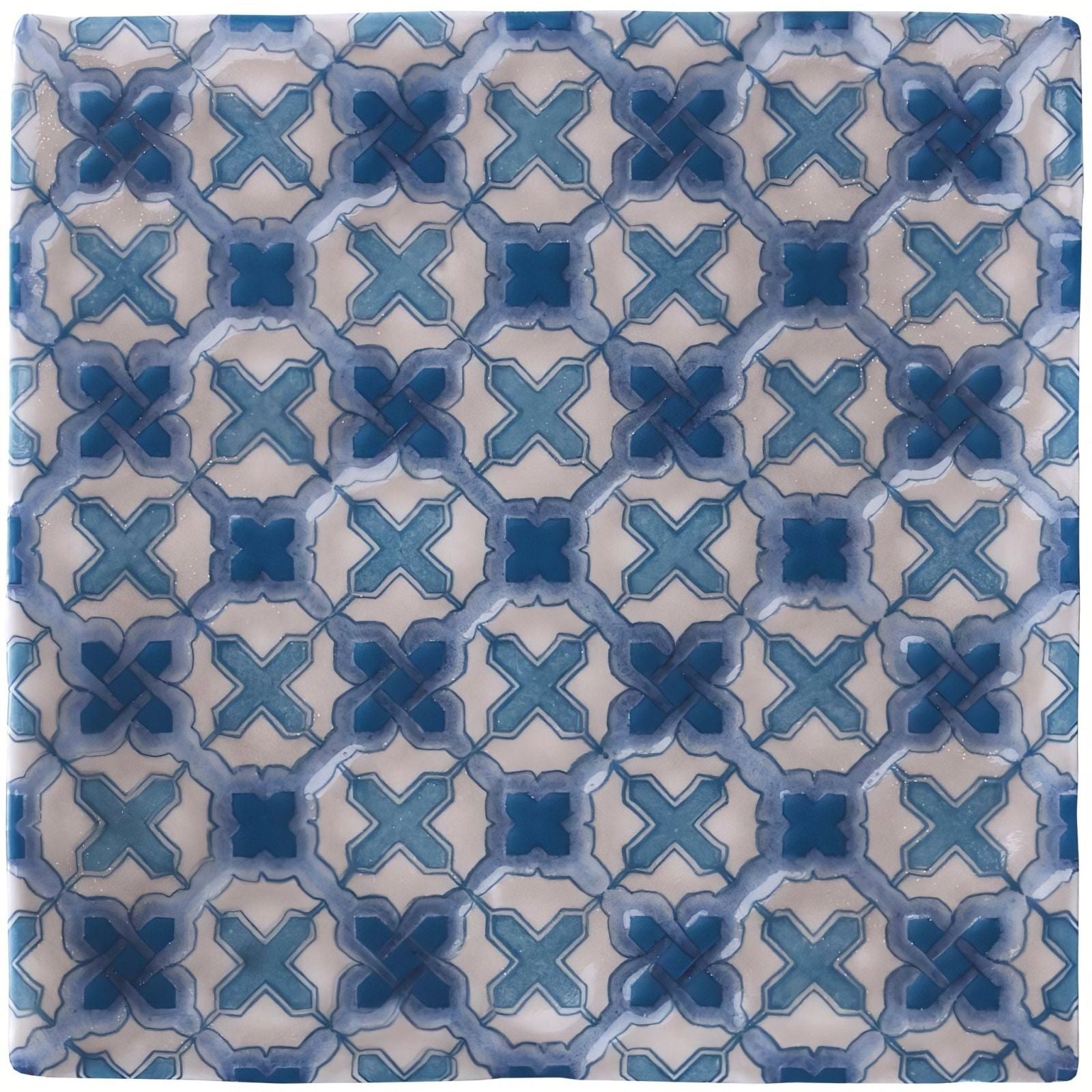 Blue and white patterned ceramic tile with repeating quatrefoil design from ormeaux on truffle collection