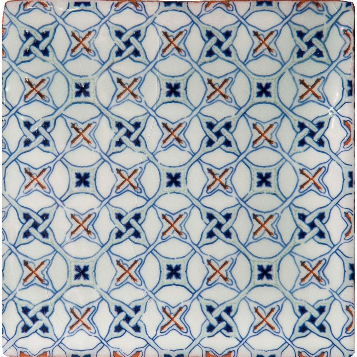 Square ceramic tile ormeaux red on mint with white base and blue and orange intricate geometric patterns
