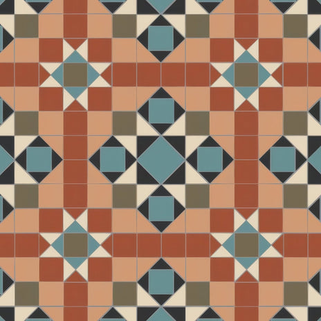 Osborne terracotta and teal geometric patterned vintage-style floor tile in black blue buff green red and white colors
