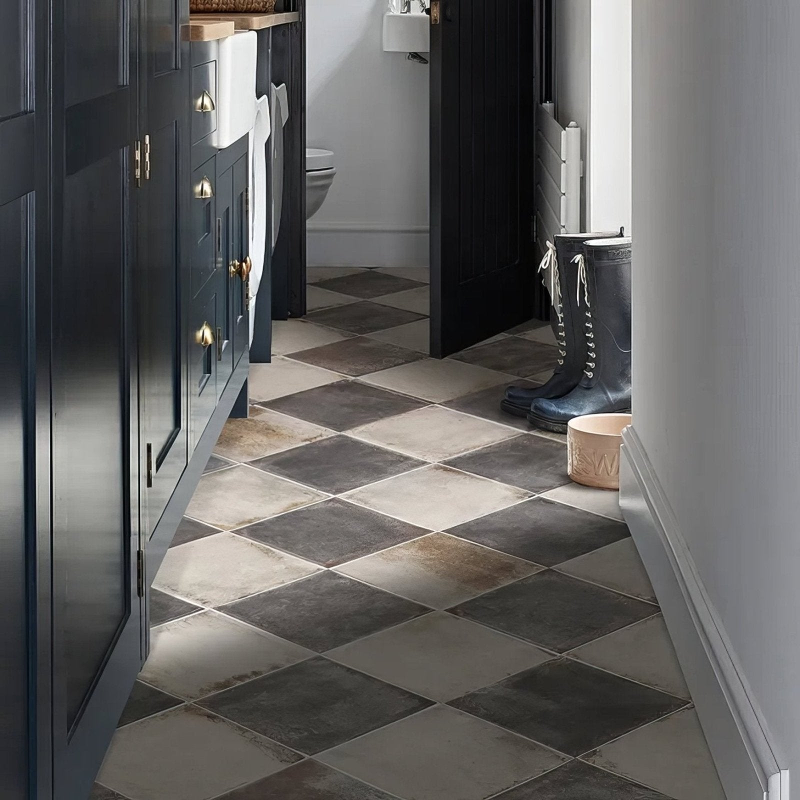 Dark gray and beige diamond patterned ceramic floor tiles from osterley porcelain black square collection