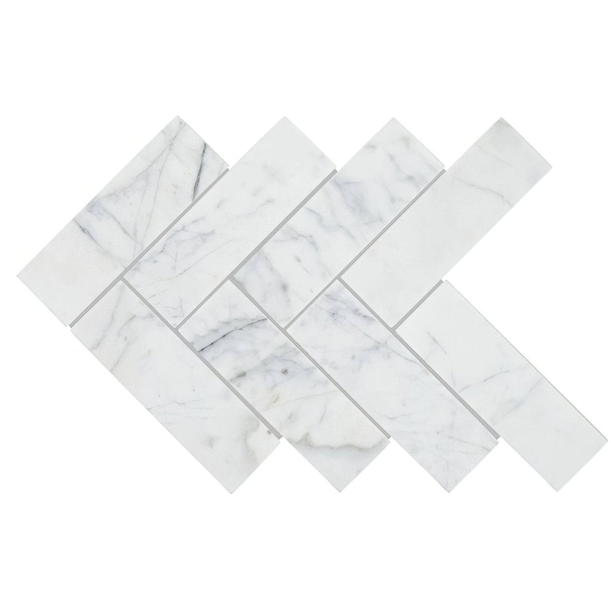 Ottimo large herringbone mosaic white marble tile with classic herringbone pattern and subtle gray veining