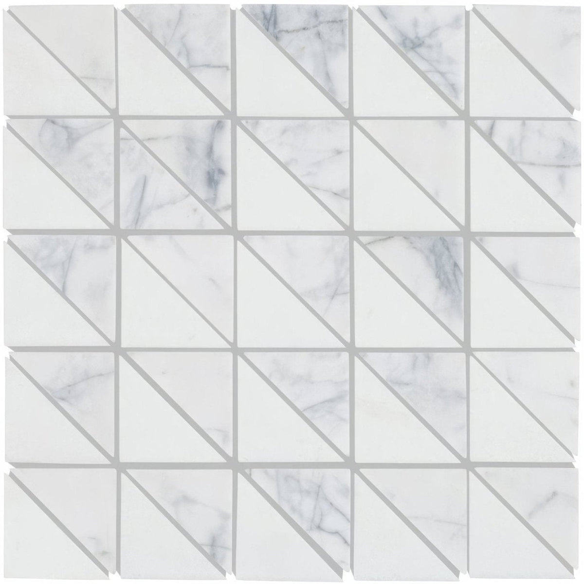 Ottimo triangles mosaic white marble tile with geometric diagonal lines and subtle gray veining pattern