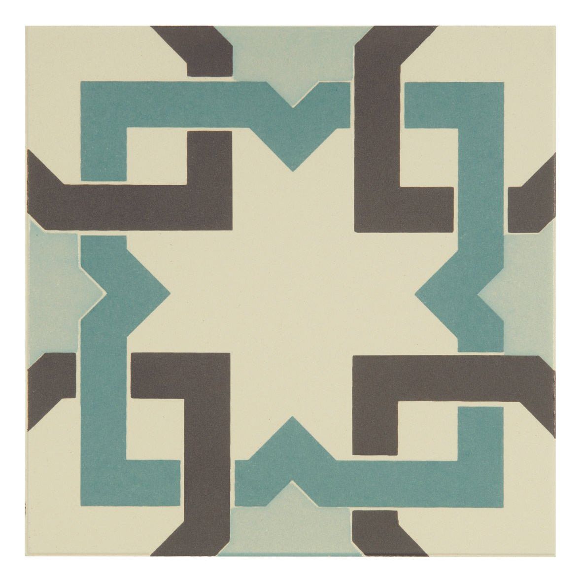 A square ceramic tile with teal and dark brown geometric pattern on off-white background ottoman light jade design