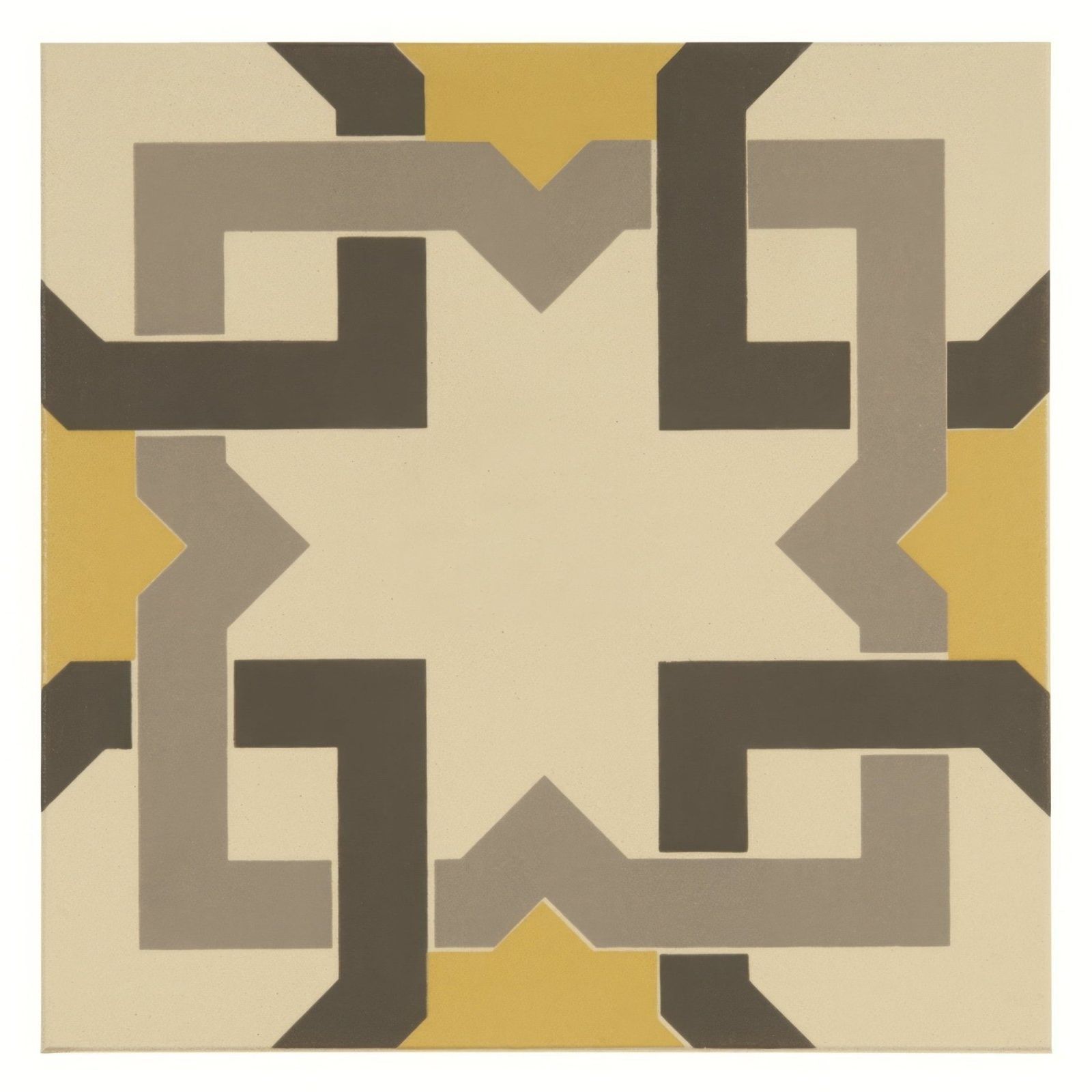 Abstract geometric ottoman summer yellow light grey and dark grey with interlocking beige and mustard shapes on white