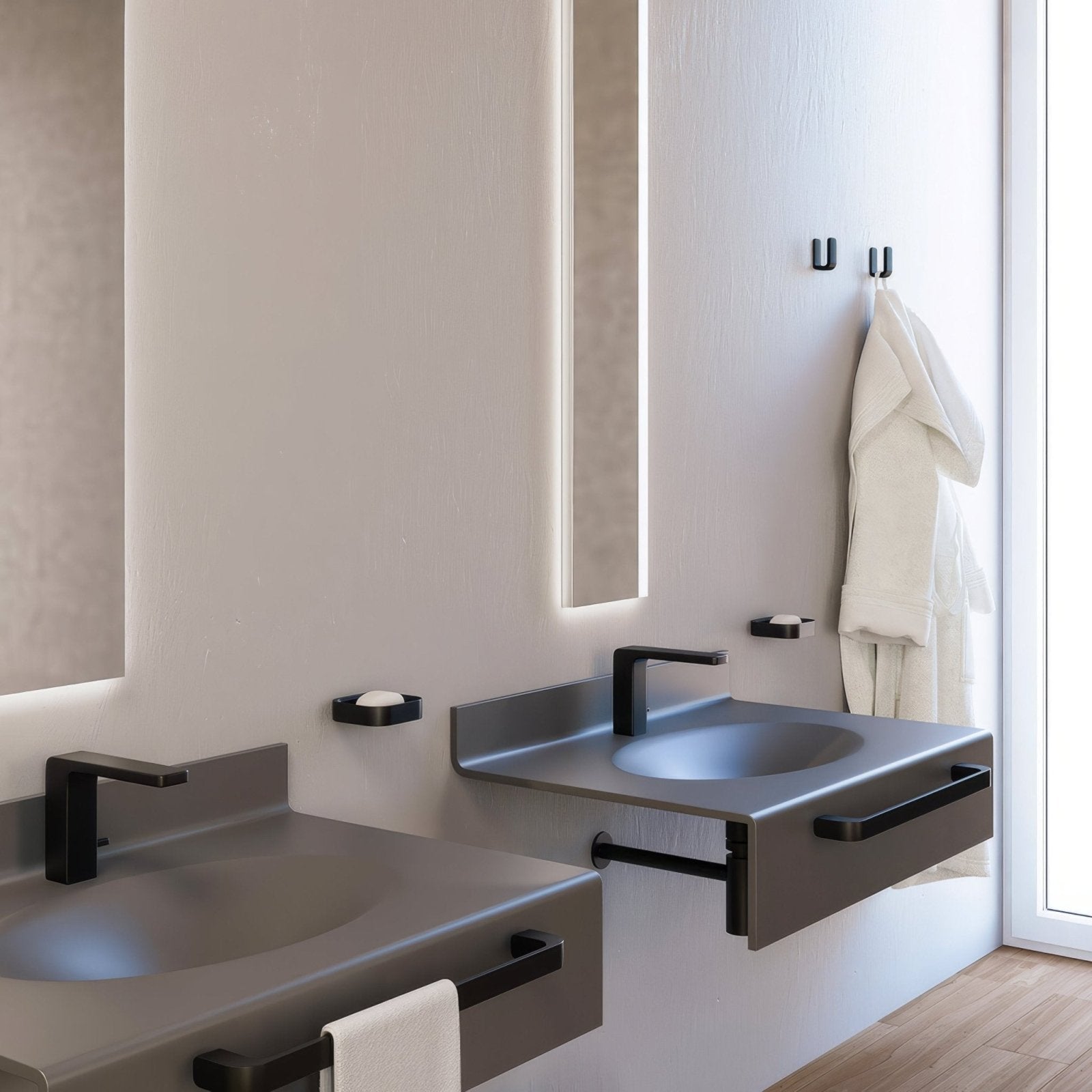 Modern matte black concrete sink with integrated faucet and sleek drawer handle featuring outline double robe hook black