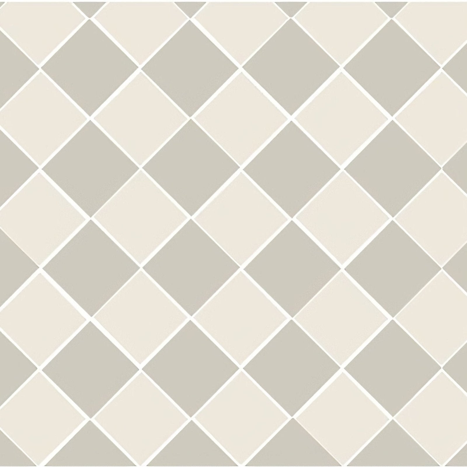 Beige and gray diamond-patterned oxford 151mm tile with white grout lines in dover white and chester mews colors