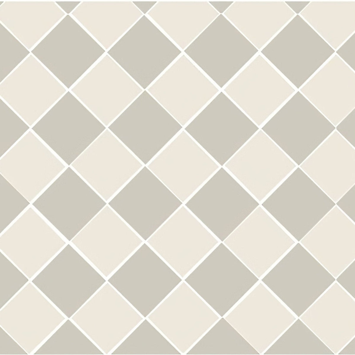Beige and gray diamond-patterned oxford 151mm tile with white grout lines in dover white and chester mews colors