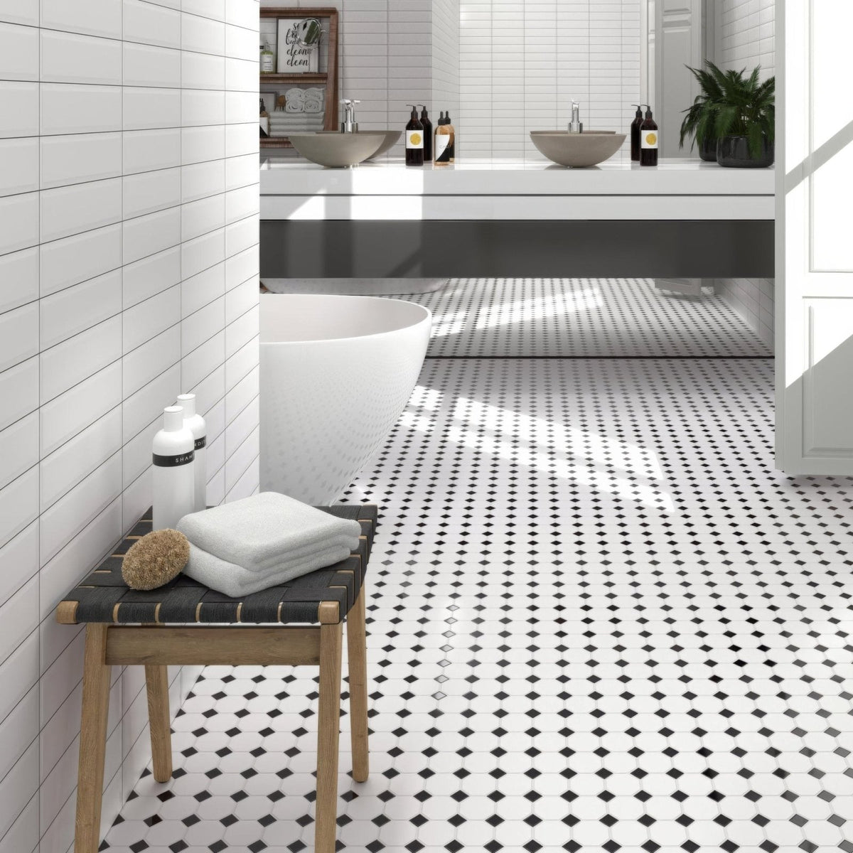 Oxford black 29.5 x 29.5cm black and white diamond patterned ceramic bathroom floor tiles