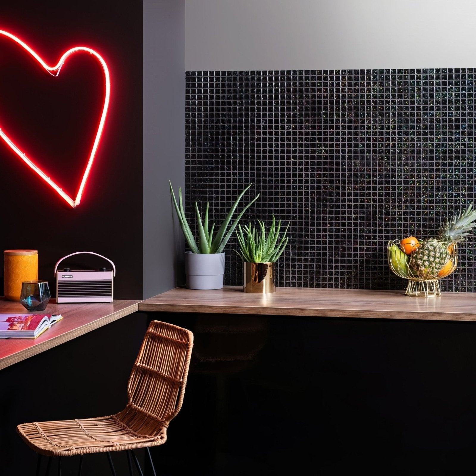 Pacha Glass Mosaic black sparkling glass mosaic with a pink retro radio