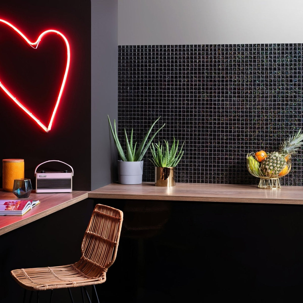 Pacha Glass Mosaic black sparkling glass mosaic with a pink retro radio