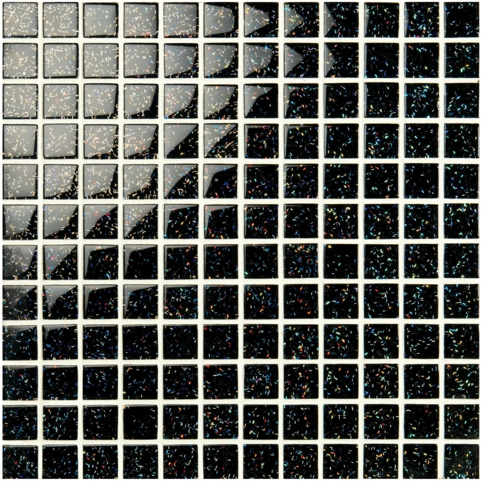 Black glossy pacha glass mosaic tile with embedded iridescent glitter particles for decorative surfaces