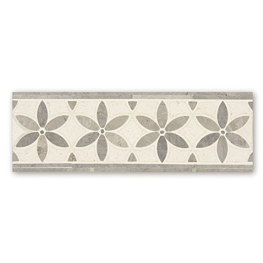 Palazzo corsini border rectangular mosaic tile with gray and white floral motifs and subtle veining framed by narrow borders
