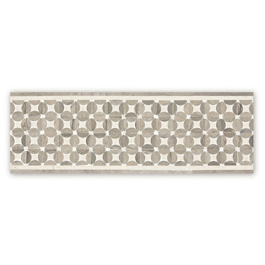 Palazzo mancini border rectangular mosaic tile with repeating circular gray marble inlays on a cream background