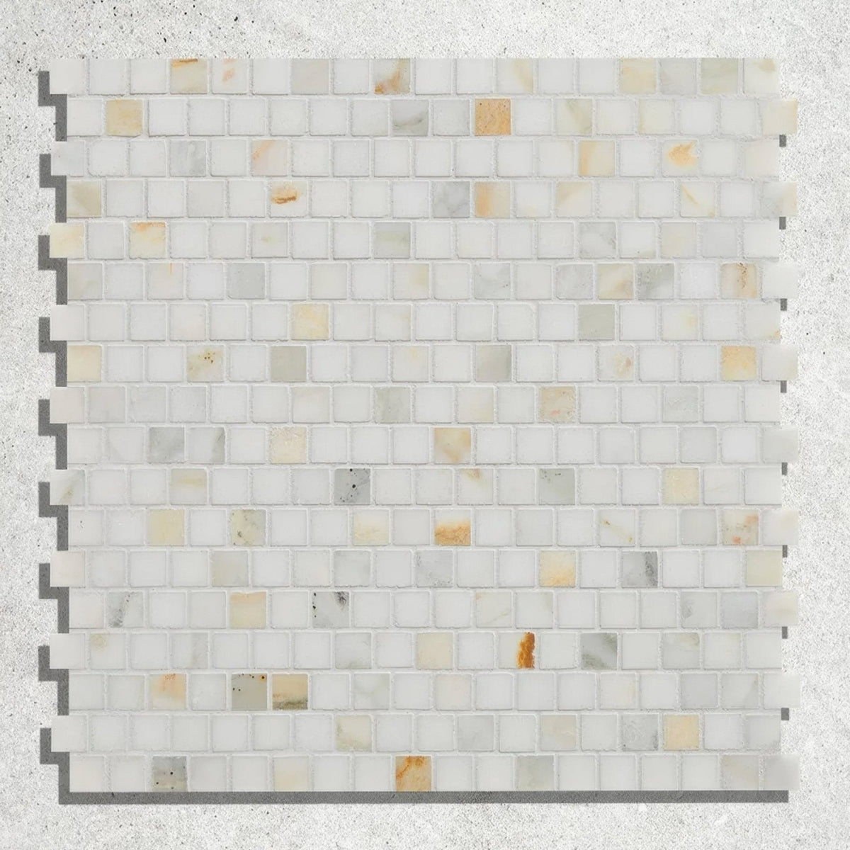 Palazzo oro marble brickbond square mosaic featuring white and beige marble tiles with subtle veining in a grid pattern