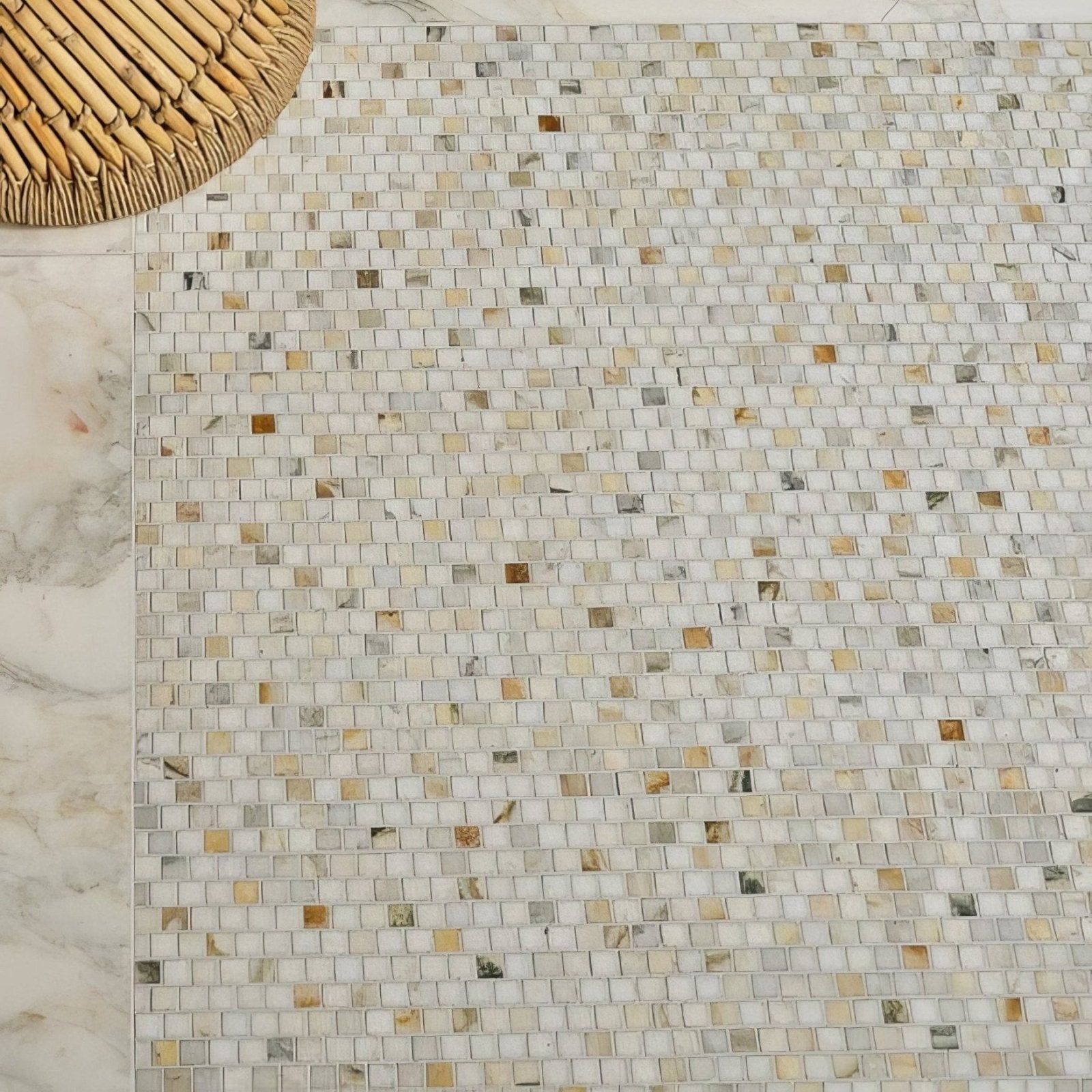 Palazzo Oro Marble Brickbond Square Mosaic shown as flooring