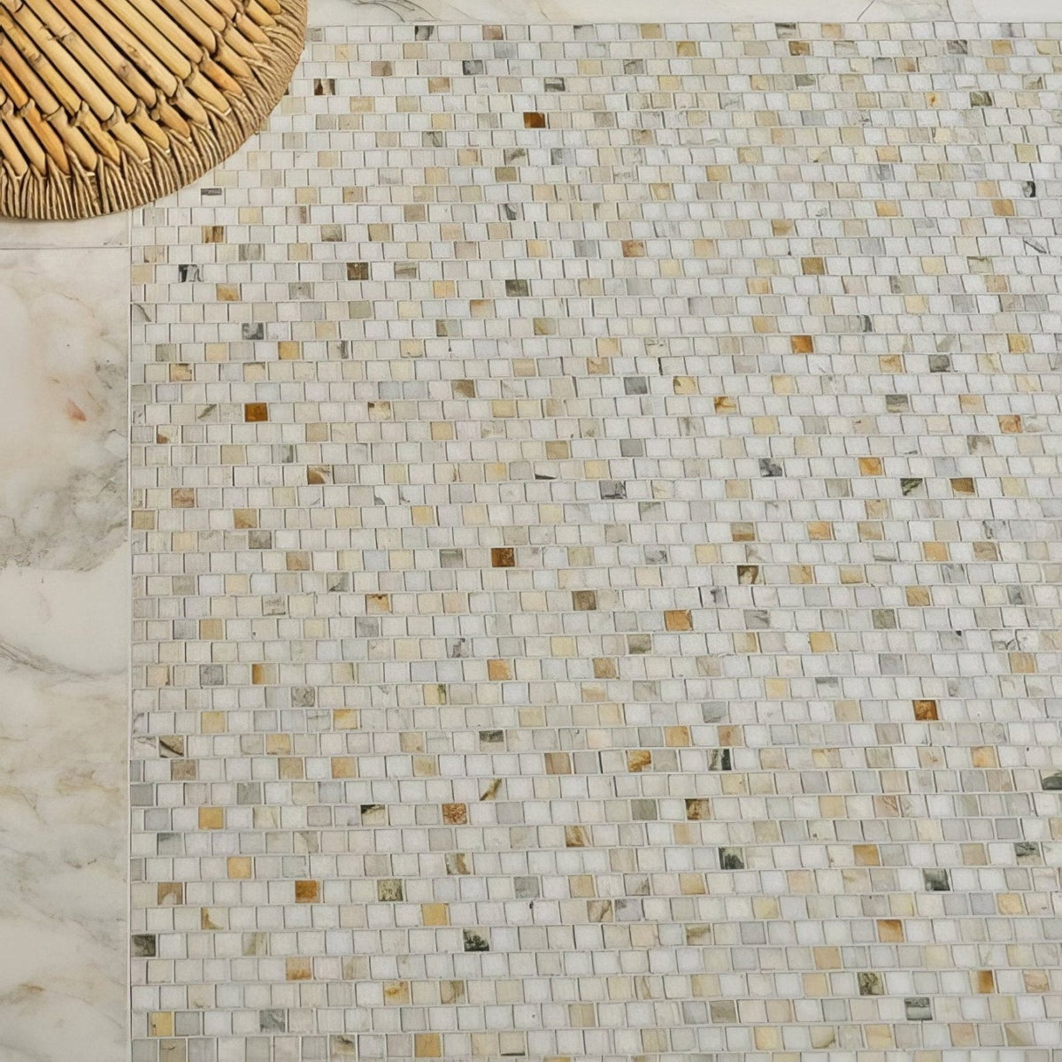 Palazzo Oro Marble Brickbond Square Mosaic shown as flooring
