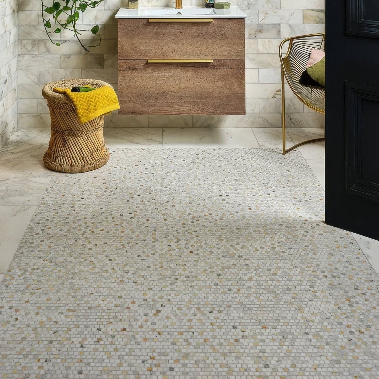 Beige palazzo oro marble brickbond square mosaic tile floor with speckled pattern of small varying shade squares