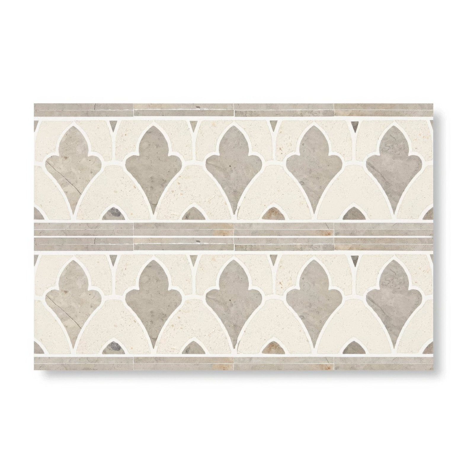 Palazzo valentini border rectangular mosaic tile panel with light gray and off-white fleur-de-lis pattern and subtle veining