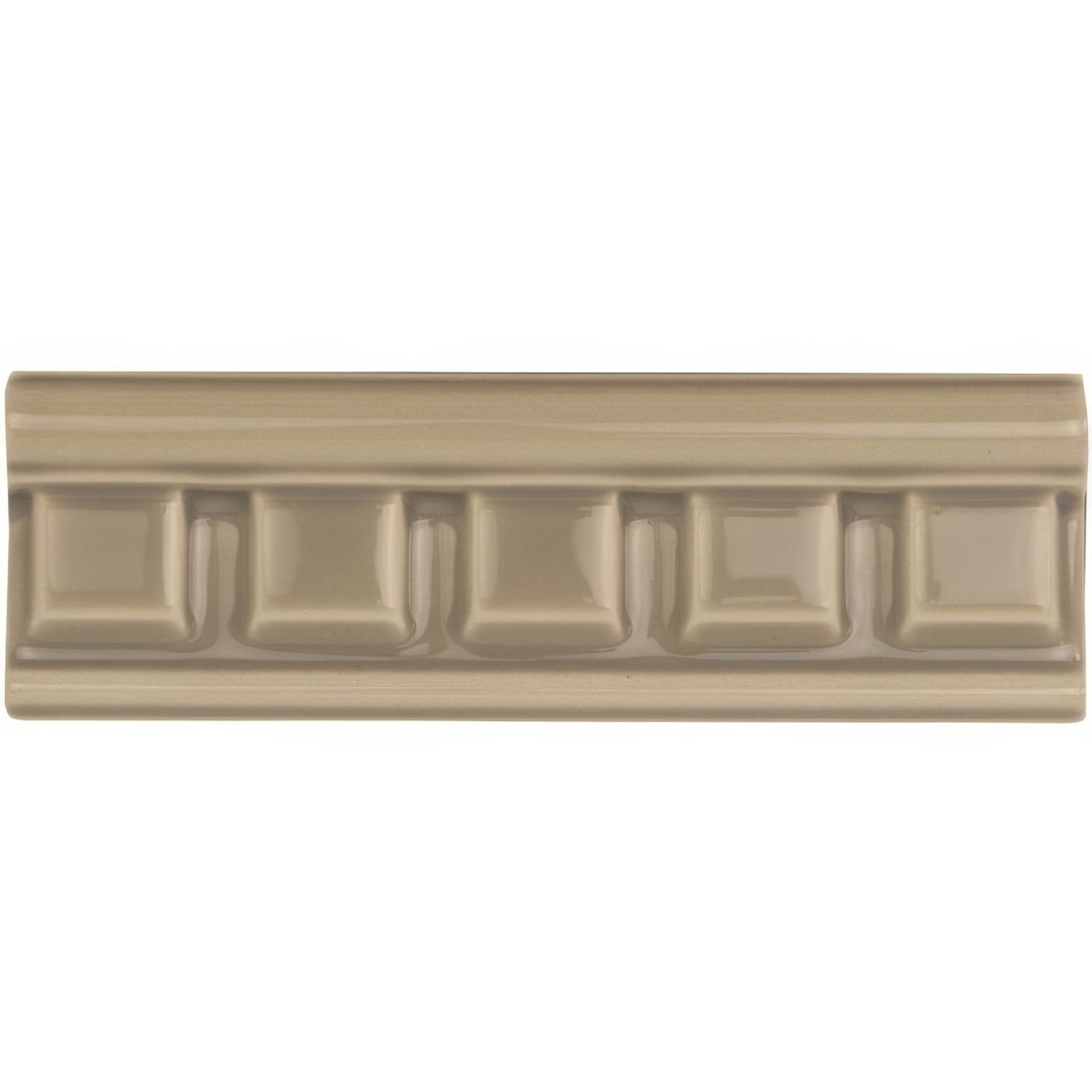 Beige ceramic tile with raised repeating square pattern and glossy finish from palladian beige dentil moulding collection